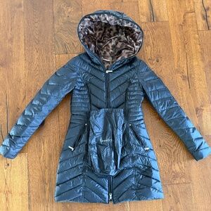 Laundry EUC Leopard lining/black down puffer, insulated, longer jacket,hood  XS